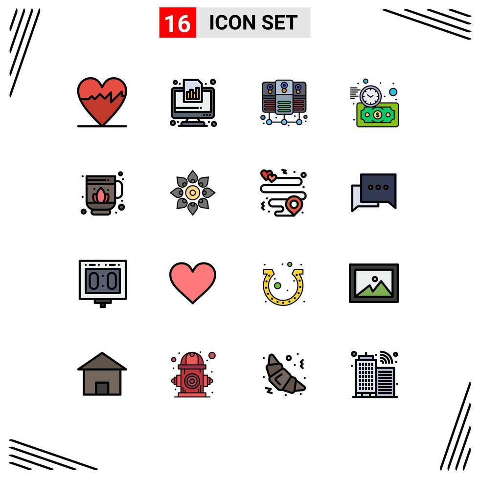 Flat Color Filled Line Pack of 16 Universal Symbols of lotus jag database server time investment Editable Creative Vector Design Elements