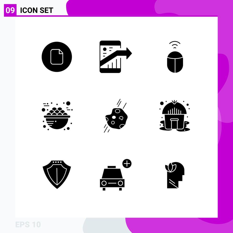 Modern Set of 9 Solid Glyphs and symbols such as asteroid breakfast smartphone porridge bowl Editable Vector Design Elements