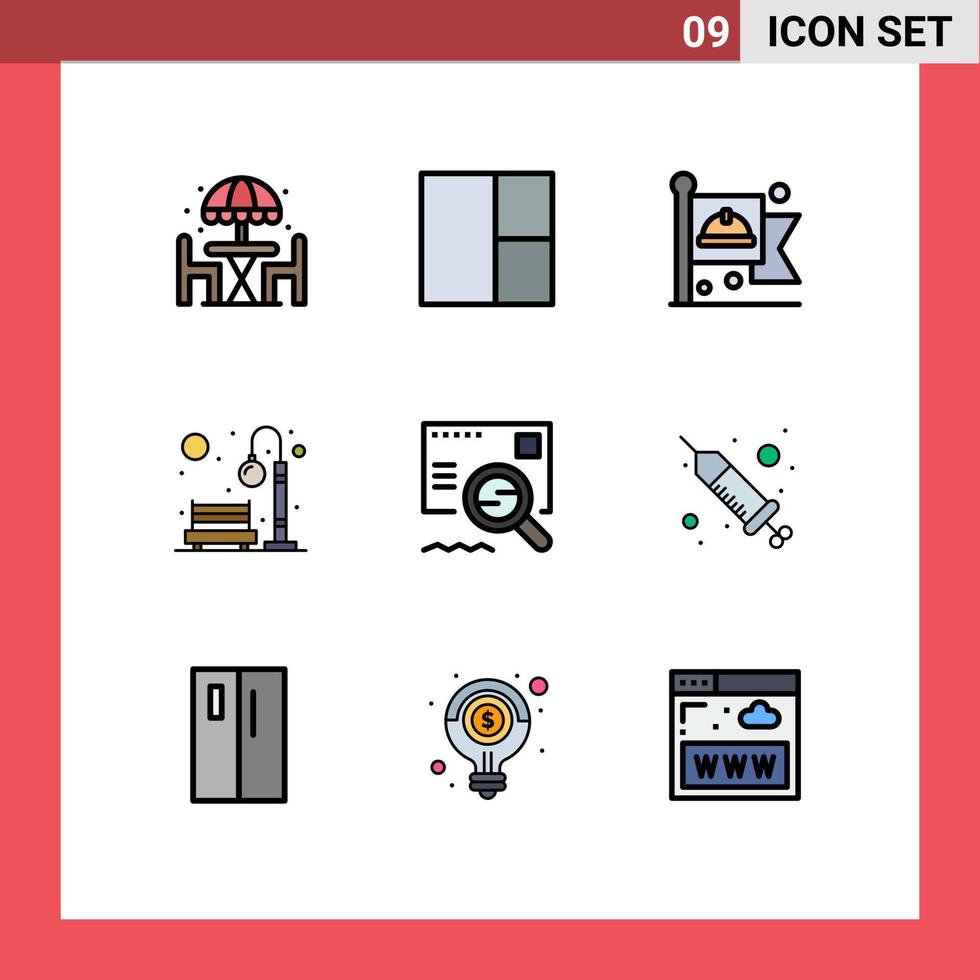 paquete de 9 signos y símbolos modernos de colores planos de línea rellena para medios de impresión web, como elementos de diseño de vectores editables del parque de luces de mano de obra