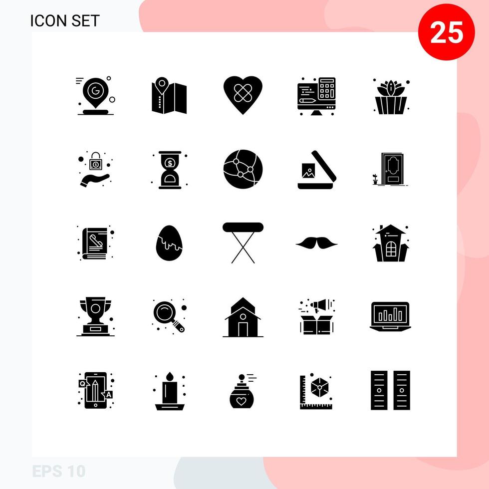 25 Thematic Vector Solid Glyphs and Editable Symbols of lotus bucket heal technology computer Editable Vector Design Elements