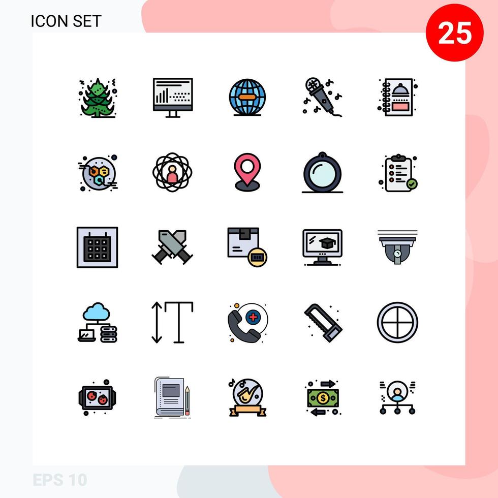25 Thematic Vector Filled line Flat Colors and Editable Symbols of menu book kitchen earth music audio Editable Vector Design Elements
