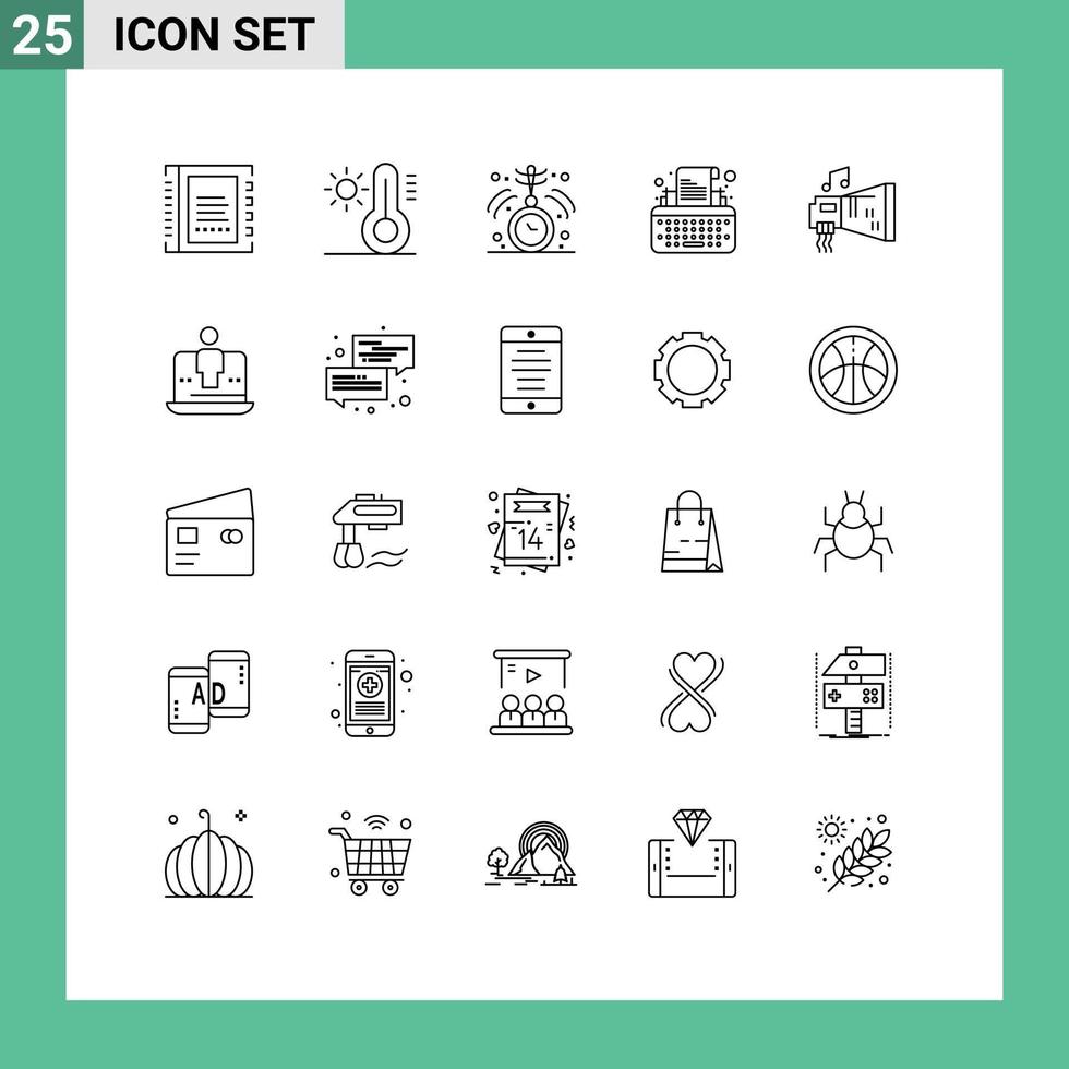 25 Thematic Vector Lines and Editable Symbols of blaster writer clock typewriter keys Editable Vector Design Elements