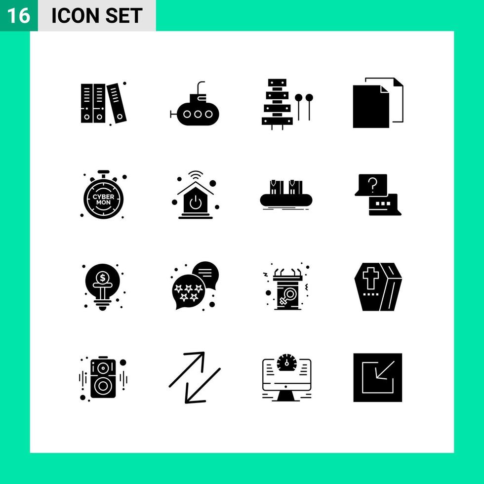 Set of 16 Commercial Solid Glyphs pack for time discount sound cyber duplicate Editable Vector Design Elements