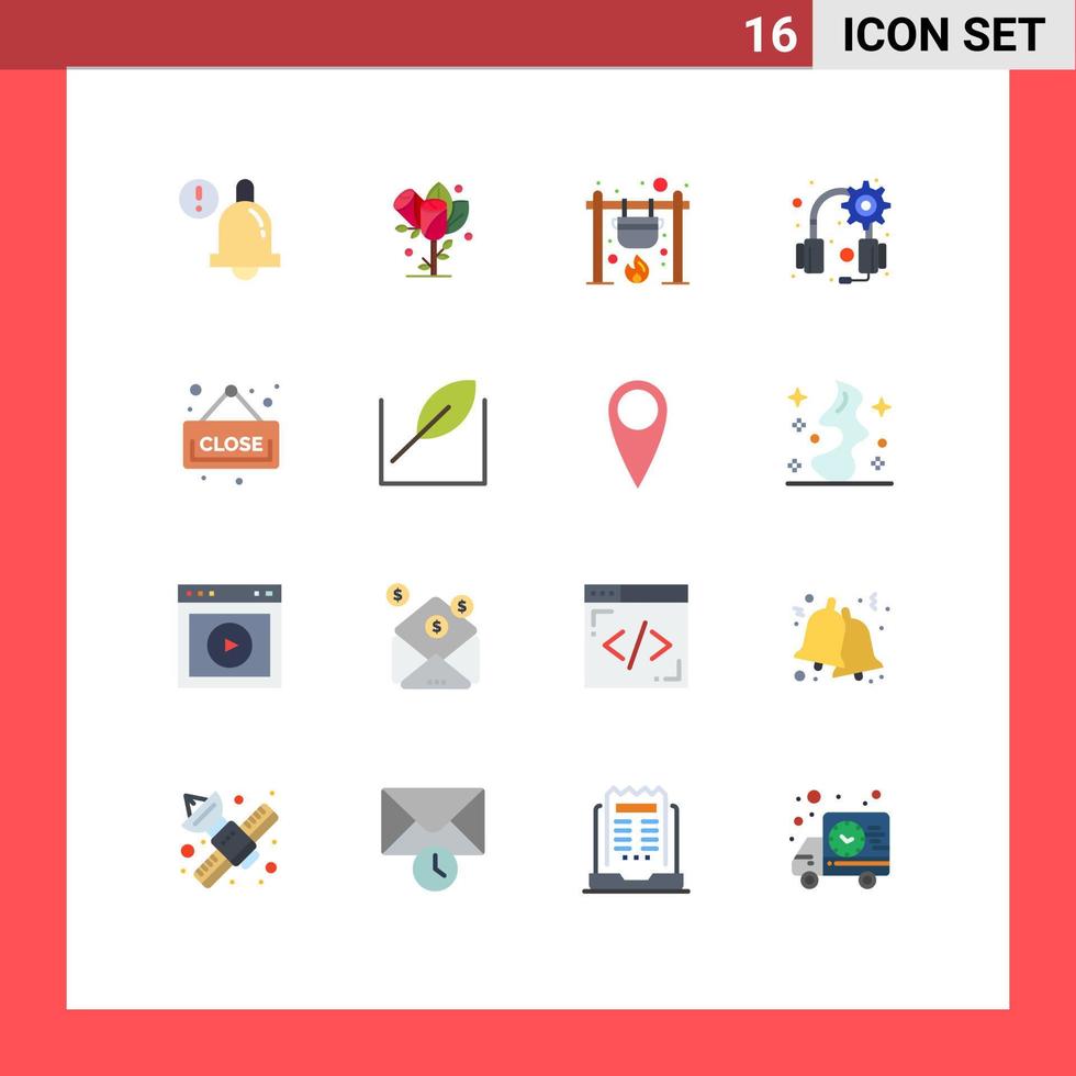Modern Set of 16 Flat Colors and symbols such as shopping close campfire headset gear Editable Pack of Creative Vector Design Elements