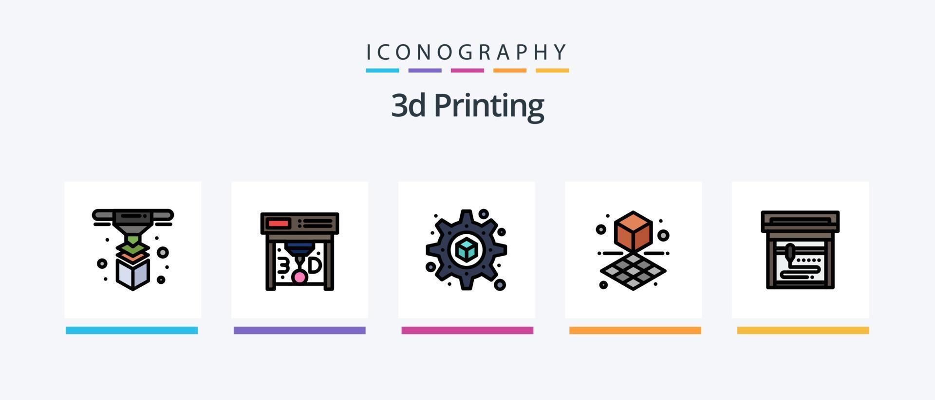 La línea de impresión 3D llenó el paquete de 5 iconos, incluida la impresora. caja. modelado. geométrico. d. diseño de iconos creativos vector