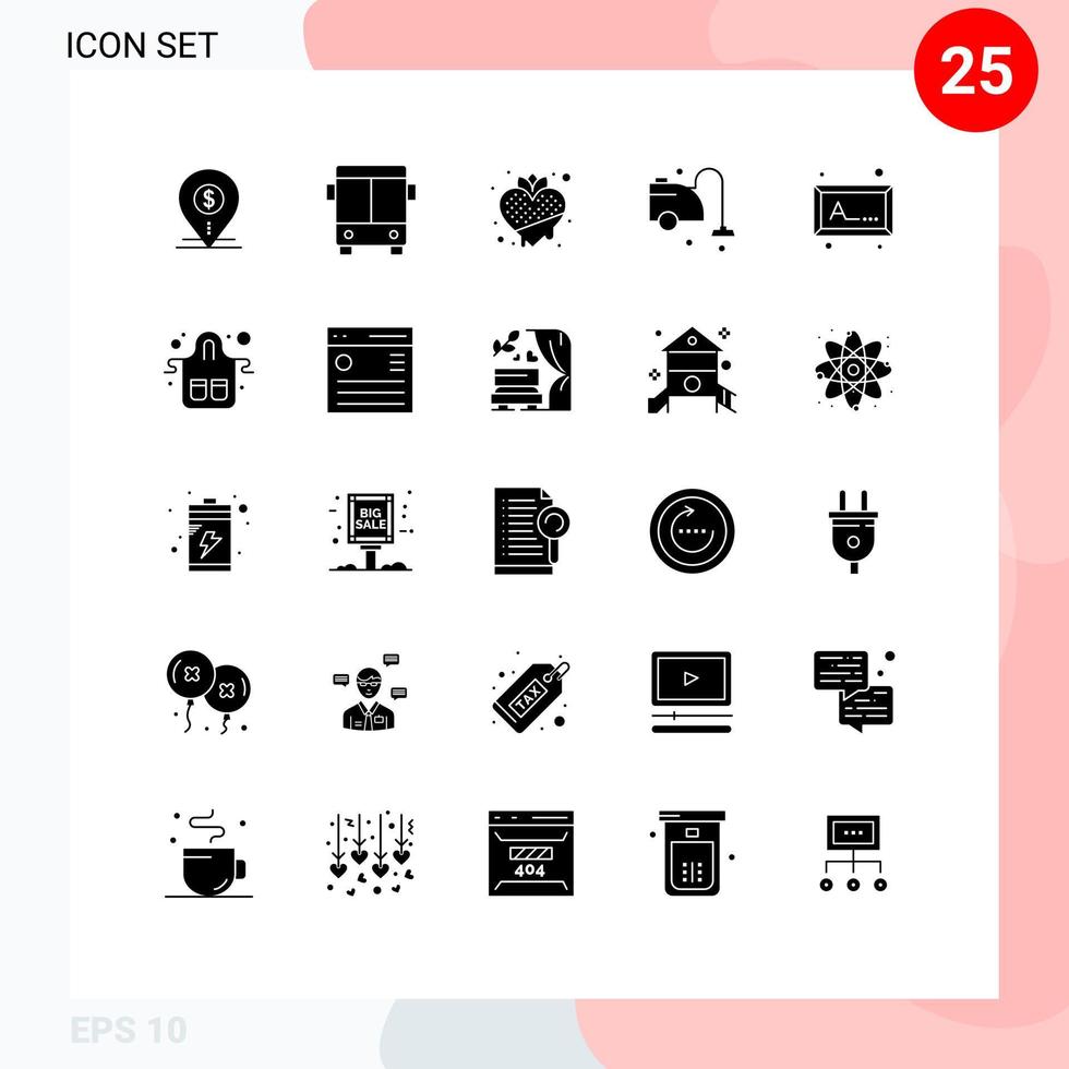 Set of 25 Vector Solid Glyphs on Grid for cleaning clean transport heart strawberry Editable Vector Design Elements