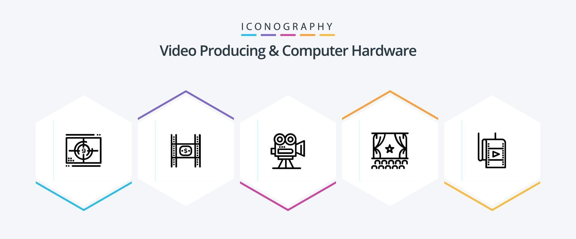 Video Producing And Computer Hardware 25 Line icon pack including film. cinema. money. professional. film vector