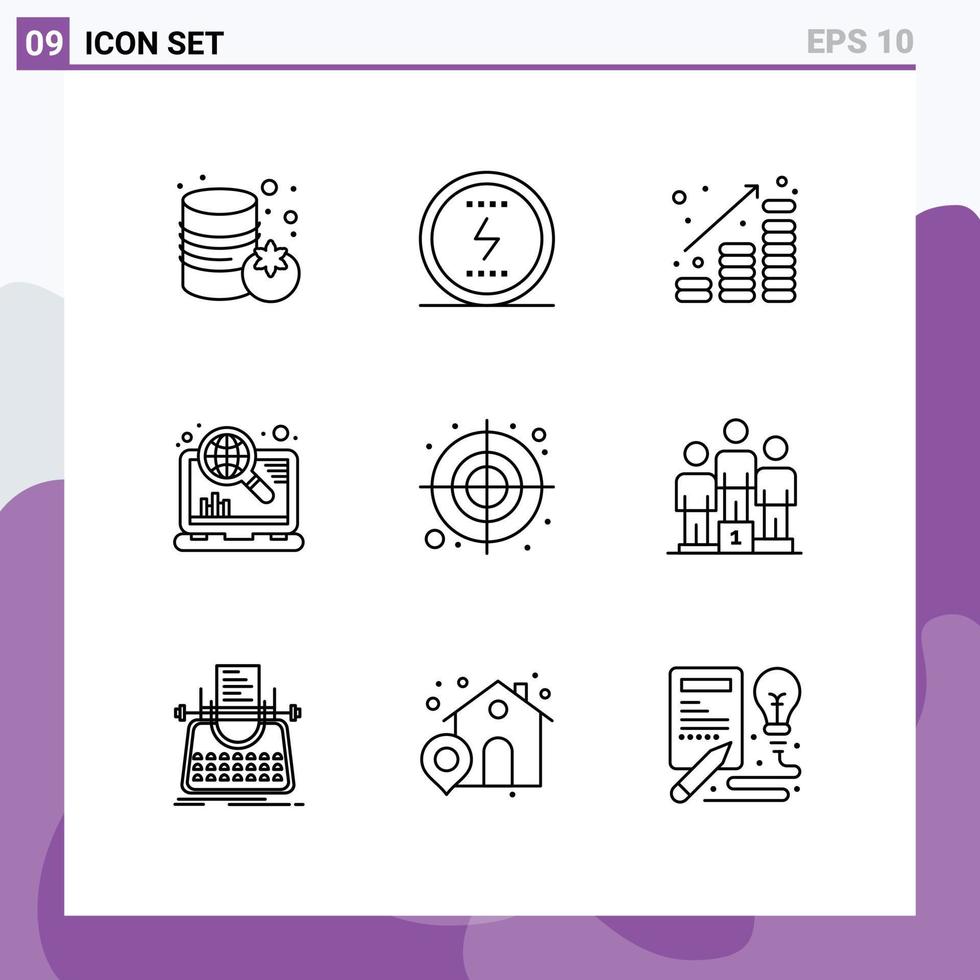 paquete de 9 signos y símbolos de contornos modernos para medios de impresión web, como monedas de optimización circular, marketing de dinero hasta elementos de diseño de vectores editables