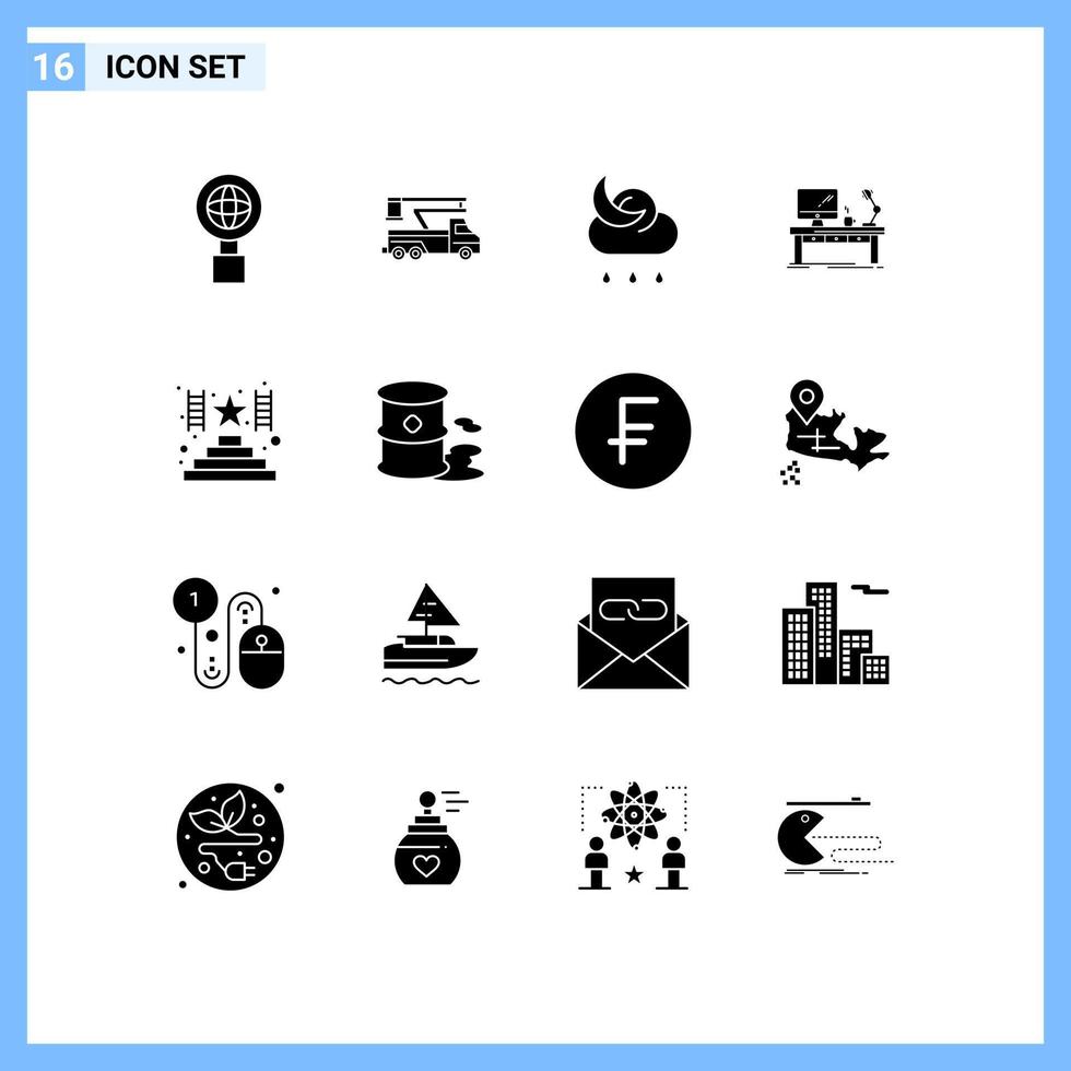 Pack of 16 creative Solid Glyphs of office desk forecast computer workplace Editable Vector Design Elements