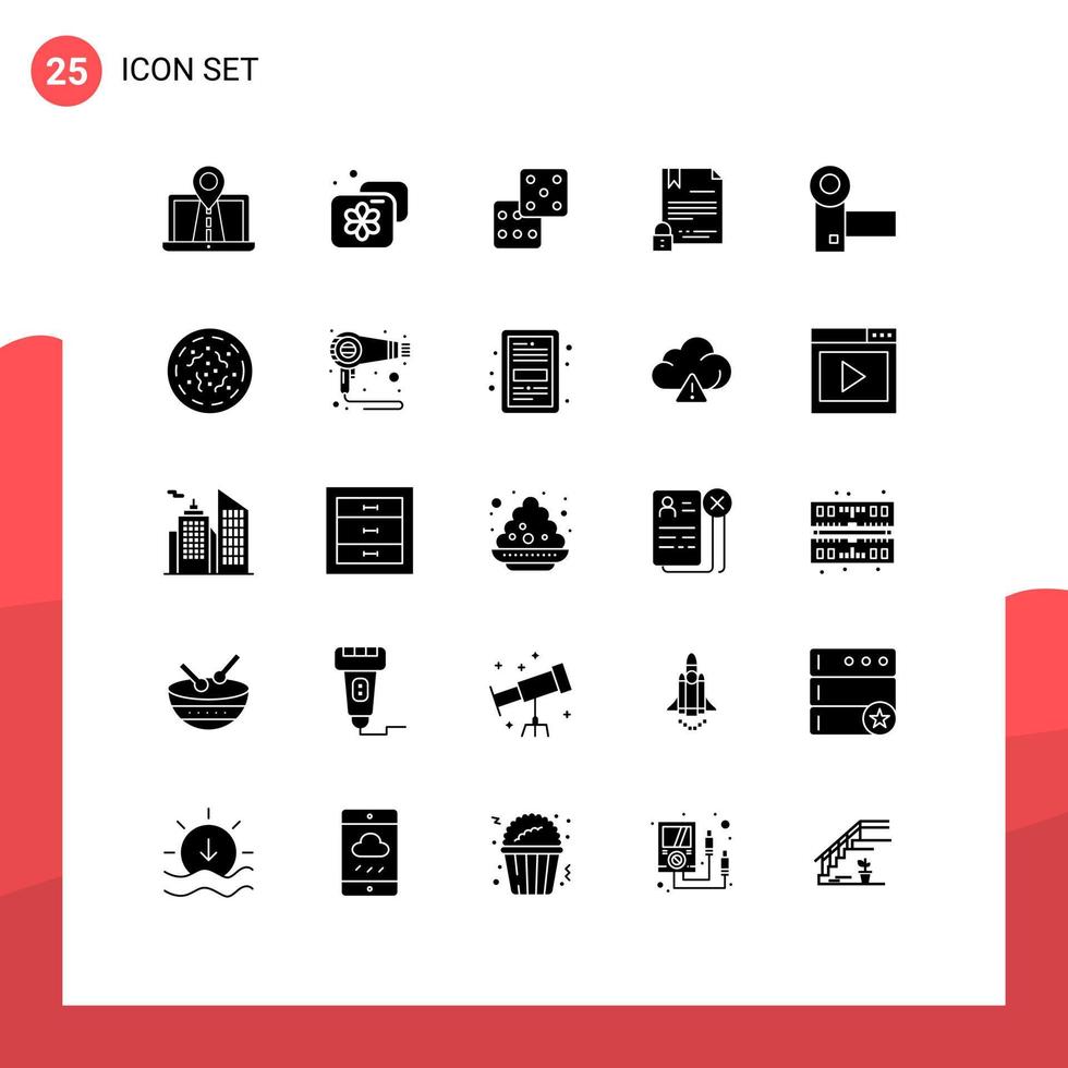 25 Universal Solid Glyph Signs Symbols of camcorder document spa digital electronic signature Editable Vector Design Elements