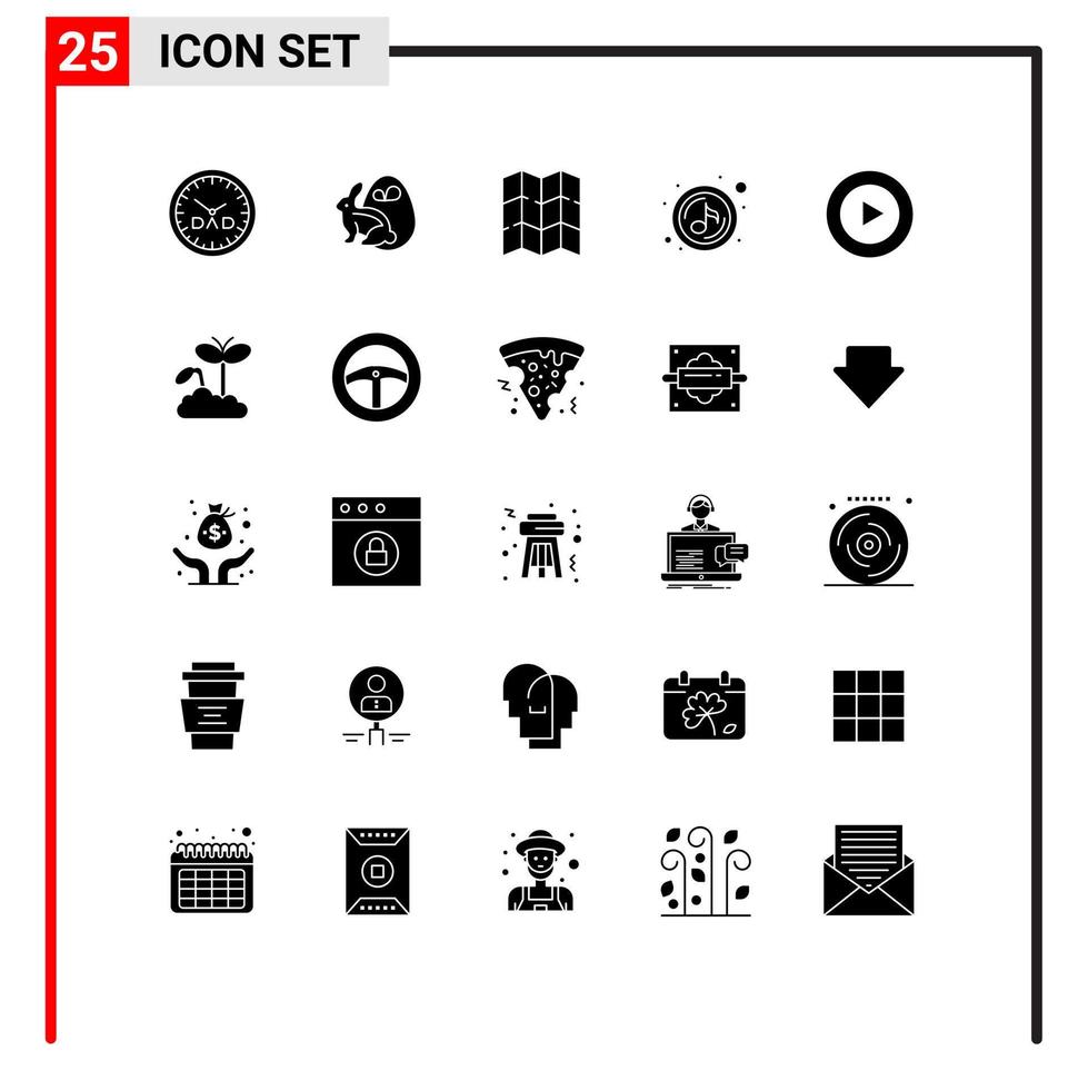 Pack of 25 creative Solid Glyphs of video studio map sound play Editable Vector Design Elements