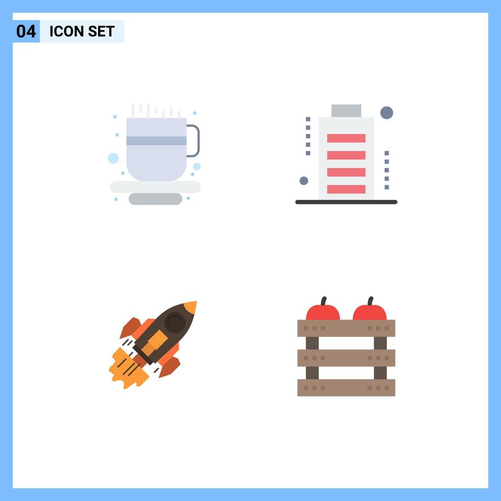 Set of 4 Modern UI Icons Symbols Signs for coffee cup business battery full launch Editable Vector Design Elements