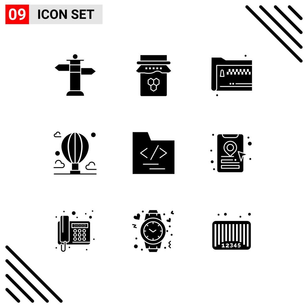 Set of 9 Vector Solid Glyphs on Grid for sky cloud folder balloon zip Editable Vector Design Elements