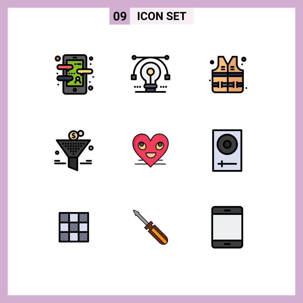 Filledline Flat Color Pack of 9 Universal Symbols of heart percent gain vector funel park Editable Vector Design Elements