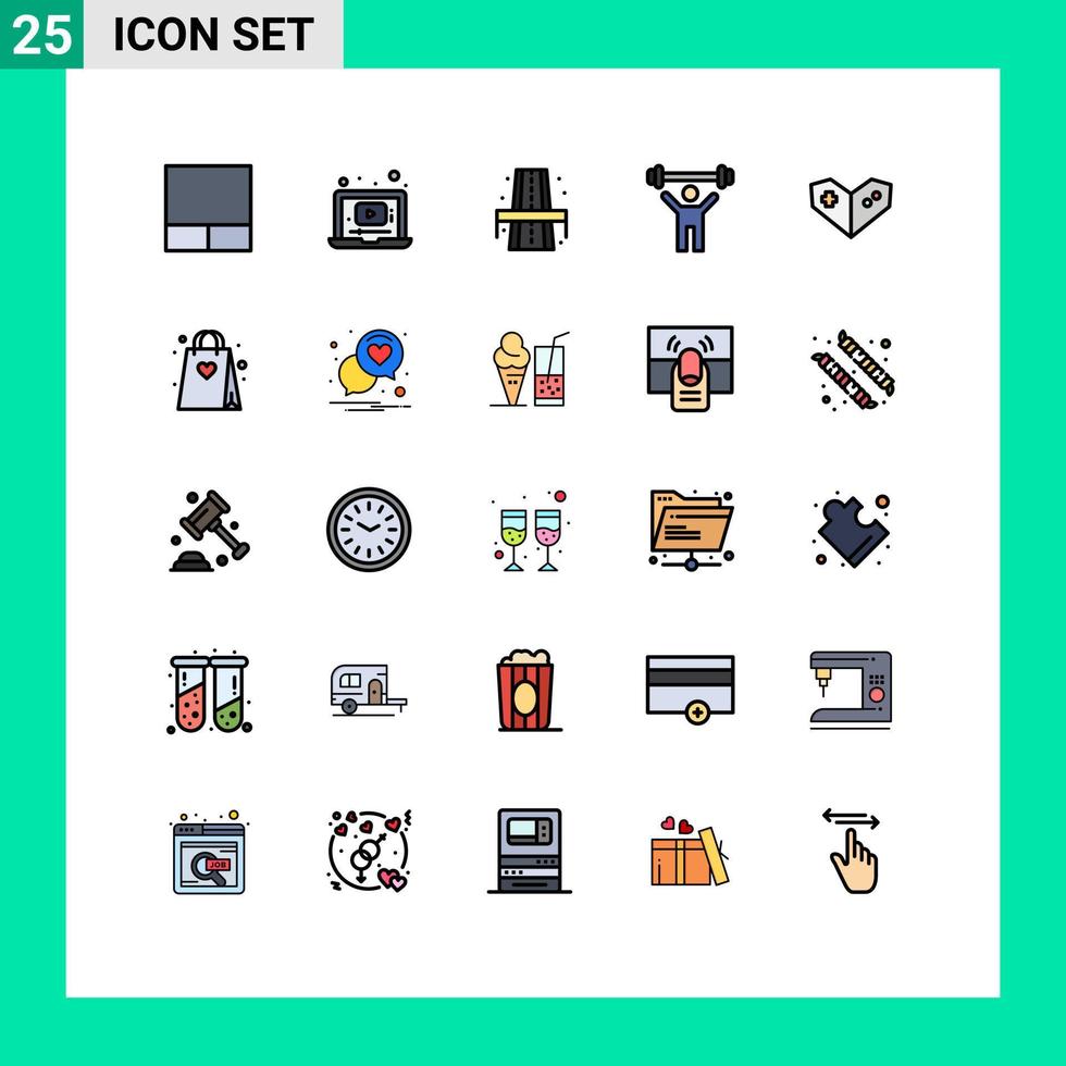 Mobile Interface Filled line Flat Color Set of 25 Pictograms of shopping videogame rood gamepad lift Editable Vector Design Elements