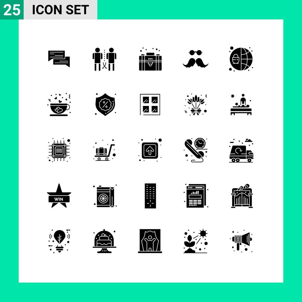 Pack of 25 creative Solid Glyphs of hipster private knowledge portfolio business Editable Vector Design Elements