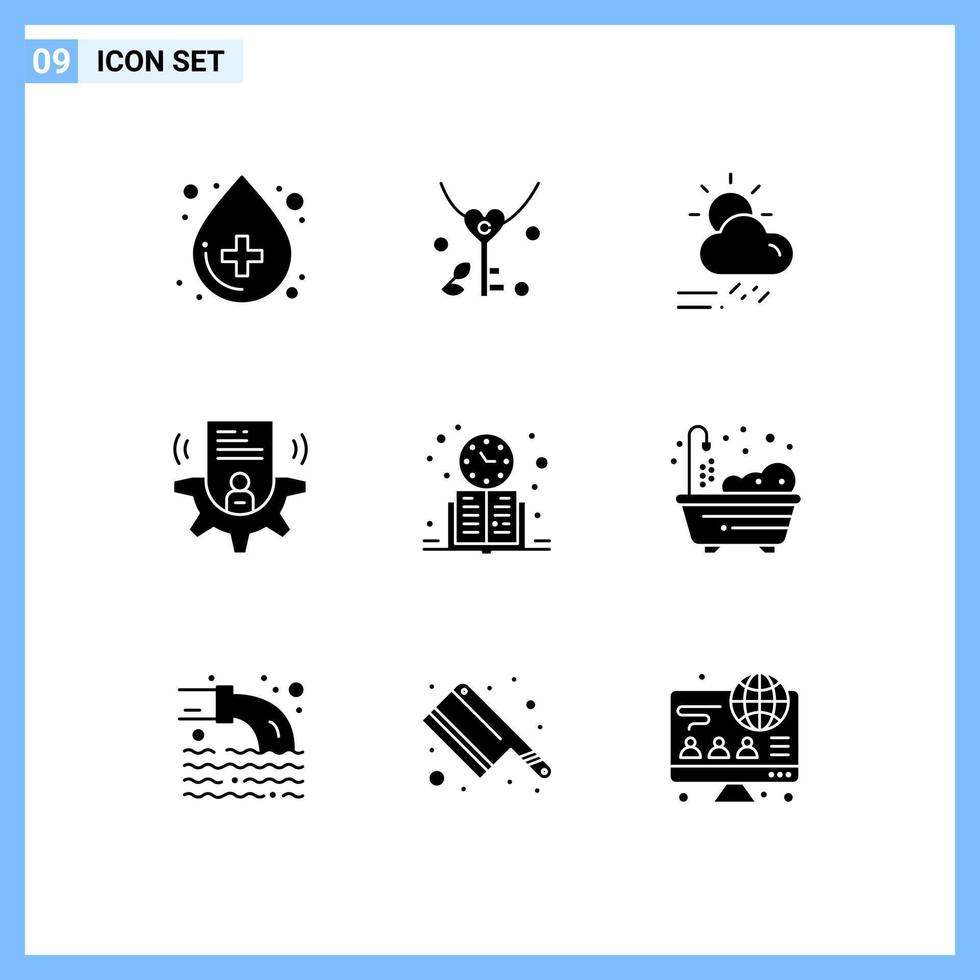Group of 9 Modern Solid Glyphs Set for book profile cloud user weather Editable Vector Design Elements
