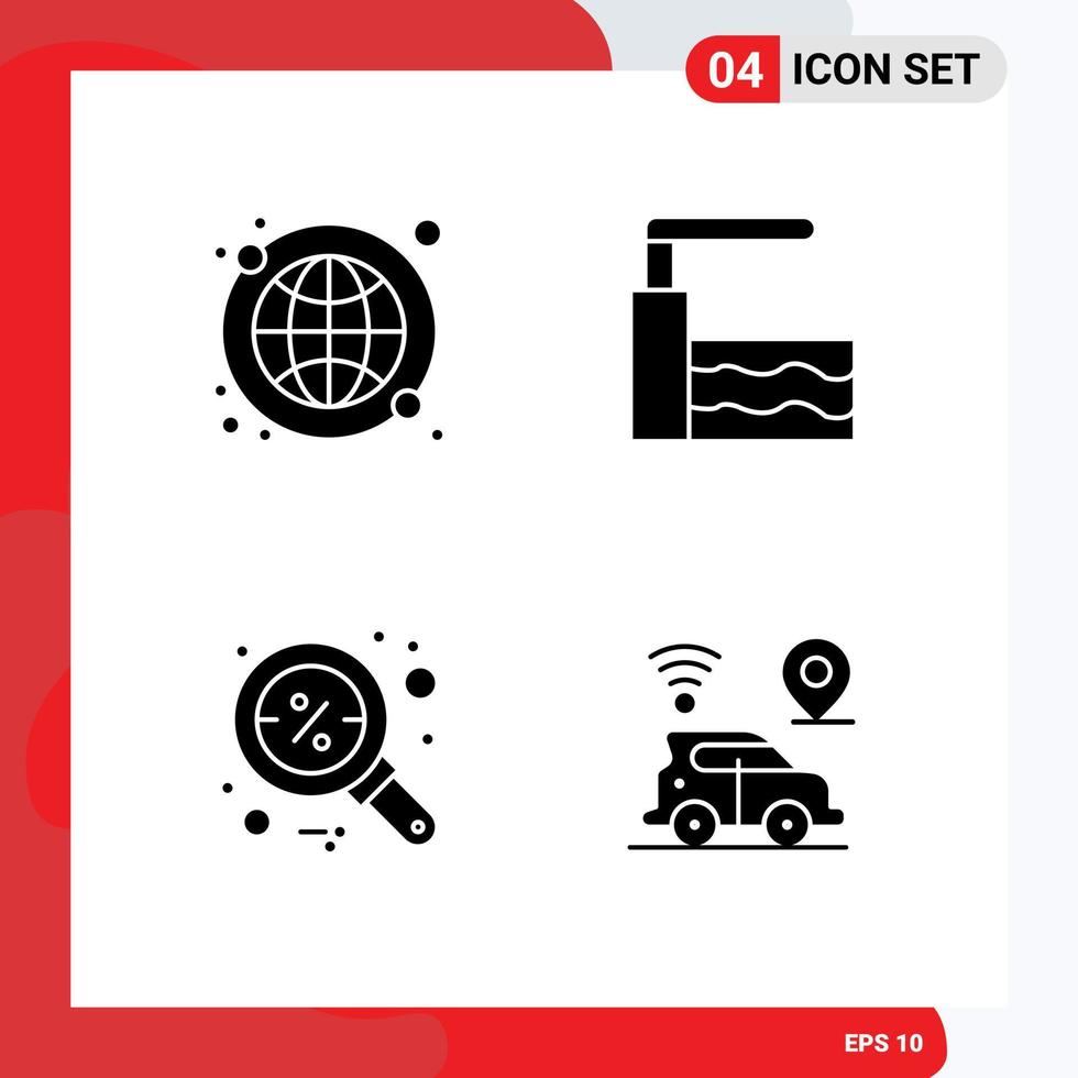 Pack of 4 creative Solid Glyphs of global magnifier world wide water car Editable Vector Design Elements