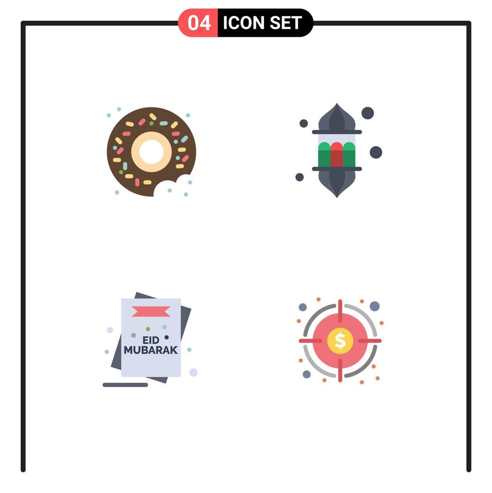 Set of 4 Vector Flat Icons on Grid for donut invitation lantern lamp mubarak Editable Vector Design Elements