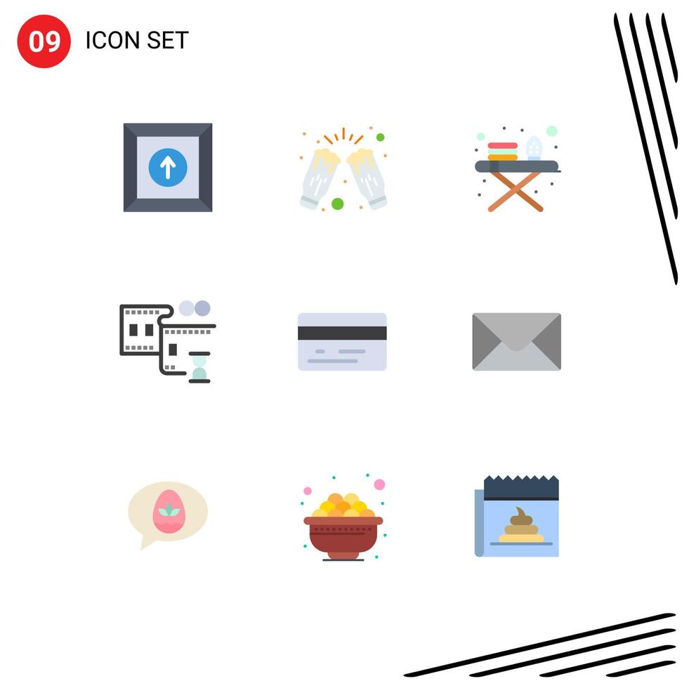 Group of 9 Flat Colors Signs and Symbols for mail credit card ironing board back film stip Editable Vector Design Elements