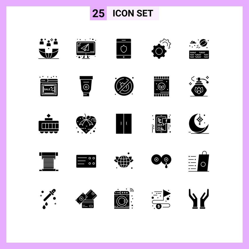 Group of 25 Solid Glyphs Signs and Symbols for park beach ball mail setting gear Editable Vector Design Elements