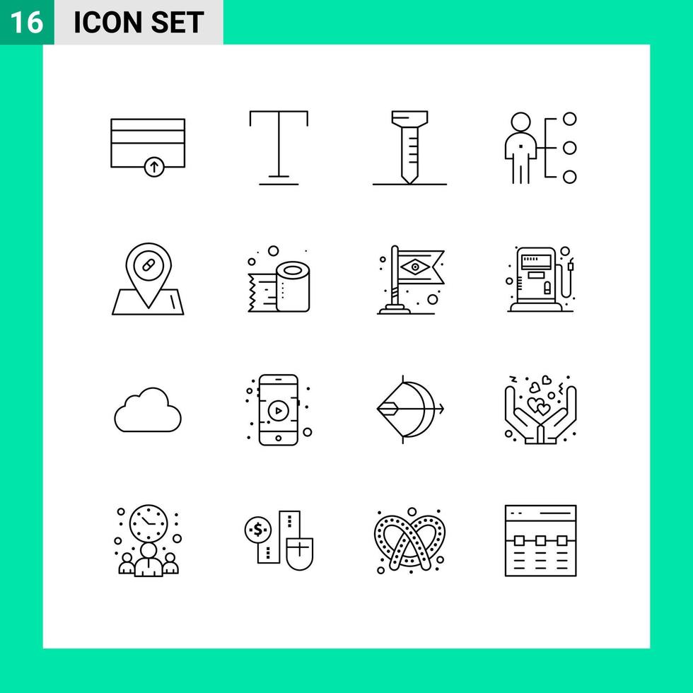 16 Creative Icons Modern Signs and Symbols of cleaning paper location spike medical person Editable Vector Design Elements