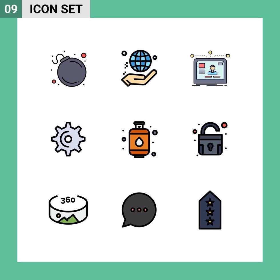 Group of 9 Filledline Flat Colors Signs and Symbols for cylinder spin interface gear design Editable Vector Design Elements