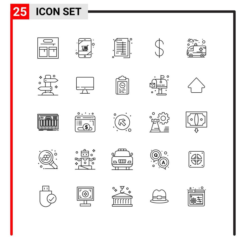 Modern Set of 25 Lines and symbols such as direction car balance ambulance currency Editable Vector Design Elements