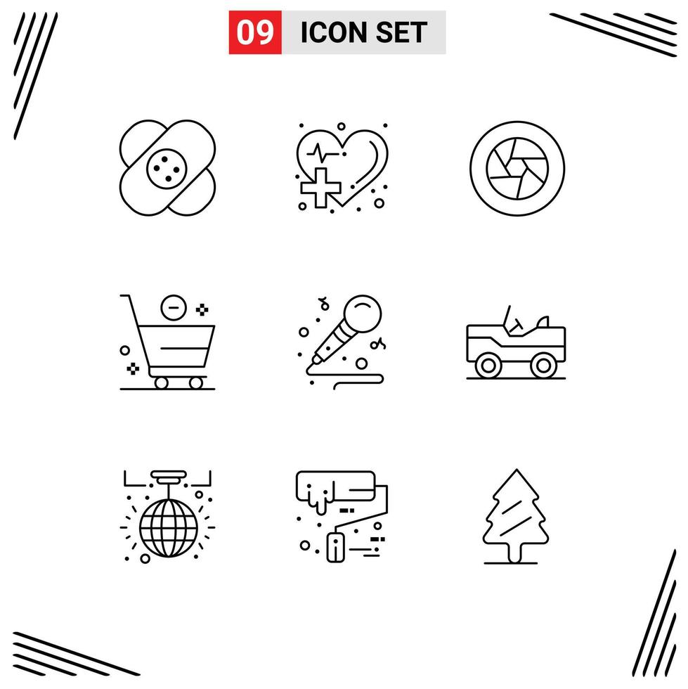 Mobile Interface Outline Set of 9 Pictograms of minus commerce heart cart movie Editable Vector Design Elements