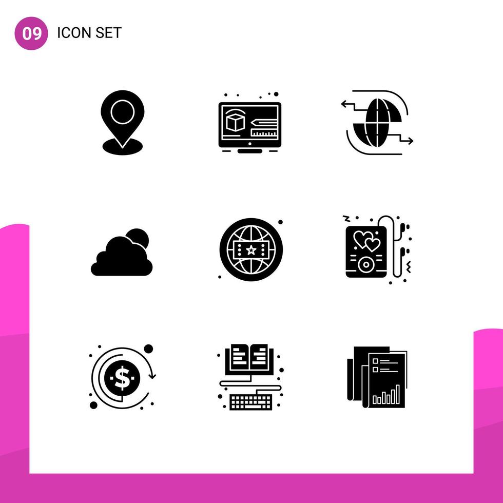 9 Universal Solid Glyph Signs Symbols of brand sun connect cloud arrow Editable Vector Design Elements