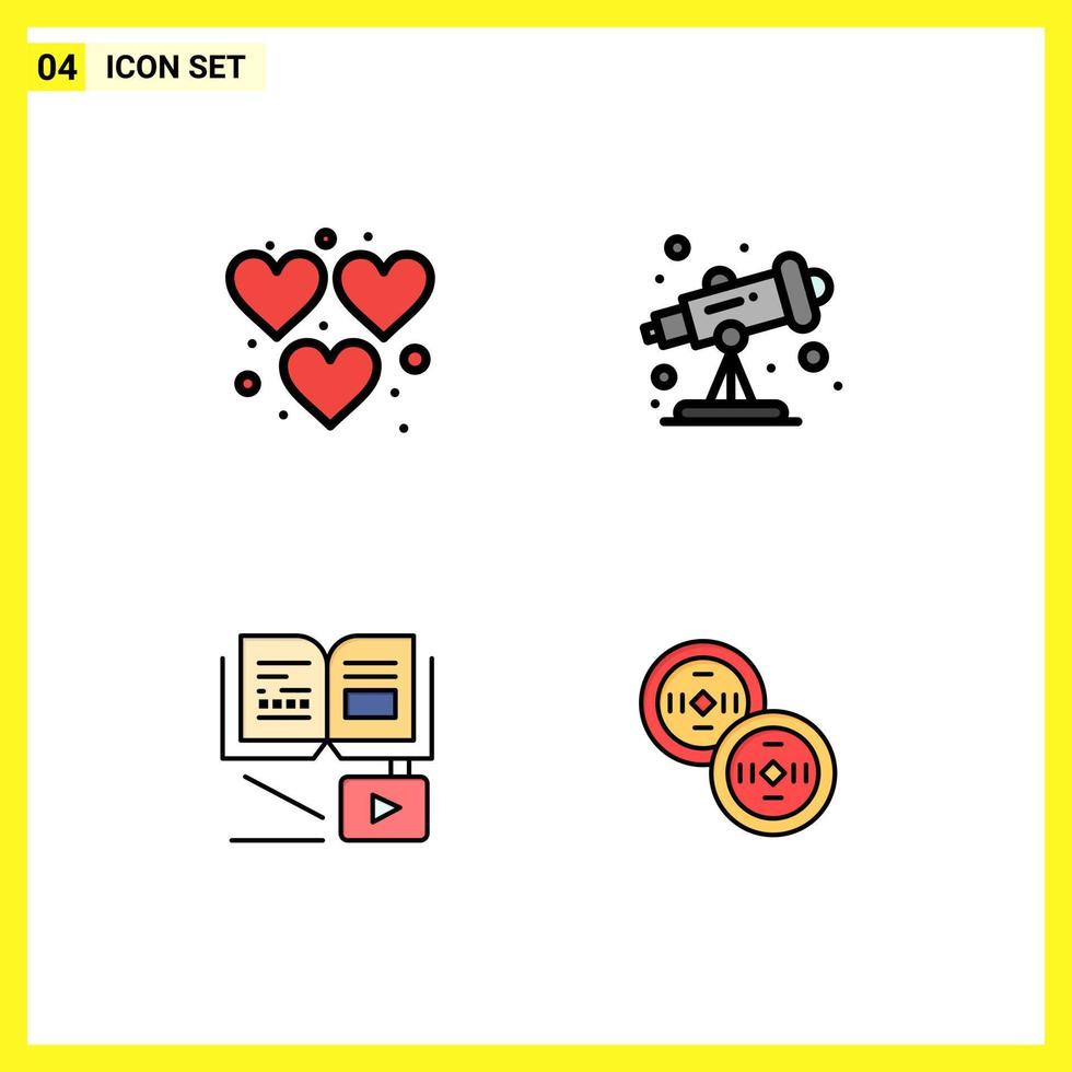 Universal Icon Symbols Group of 4 Modern Filledline Flat Colors of heart growth knowledge play telescope coins Editable Vector Design Elements