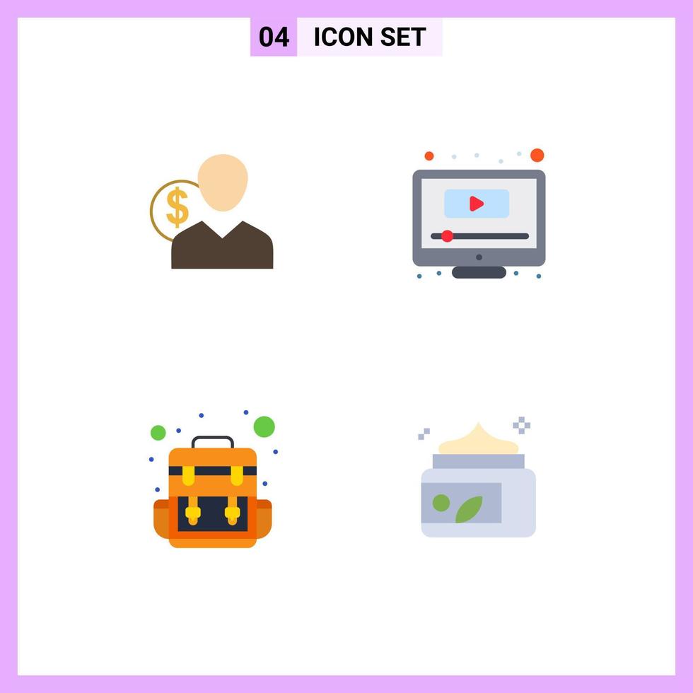 paquete de 4 signos y símbolos de iconos planos modernos para medios de impresión web, como elementos de diseño de vectores editables de bolsa de persona de empleado de pantalla de cliente