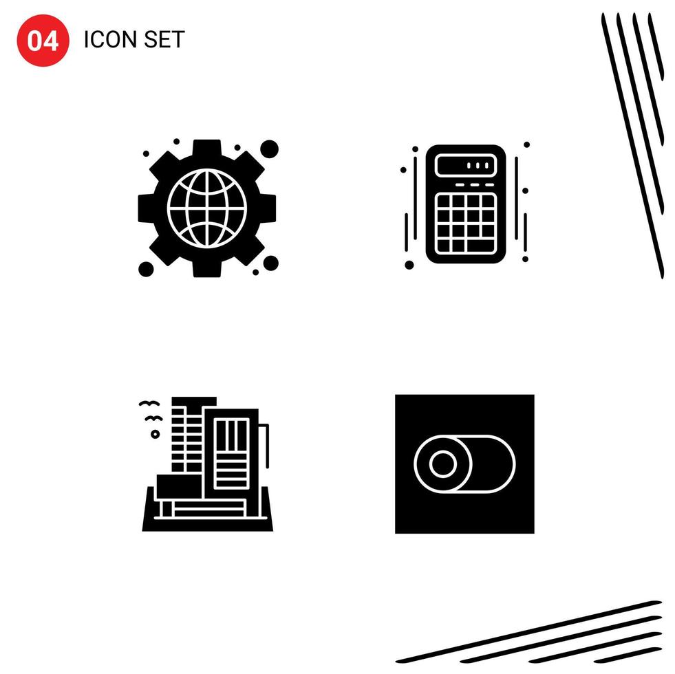 Modern Set of 4 Solid Glyphs Pictograph of gear building globe interface home Editable Vector Design Elements