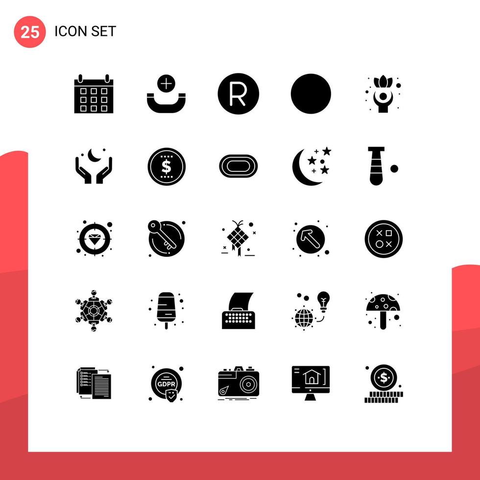 Modern Set of 25 Solid Glyphs Pictograph of pray well currency healthy wifi Editable Vector Design Elements