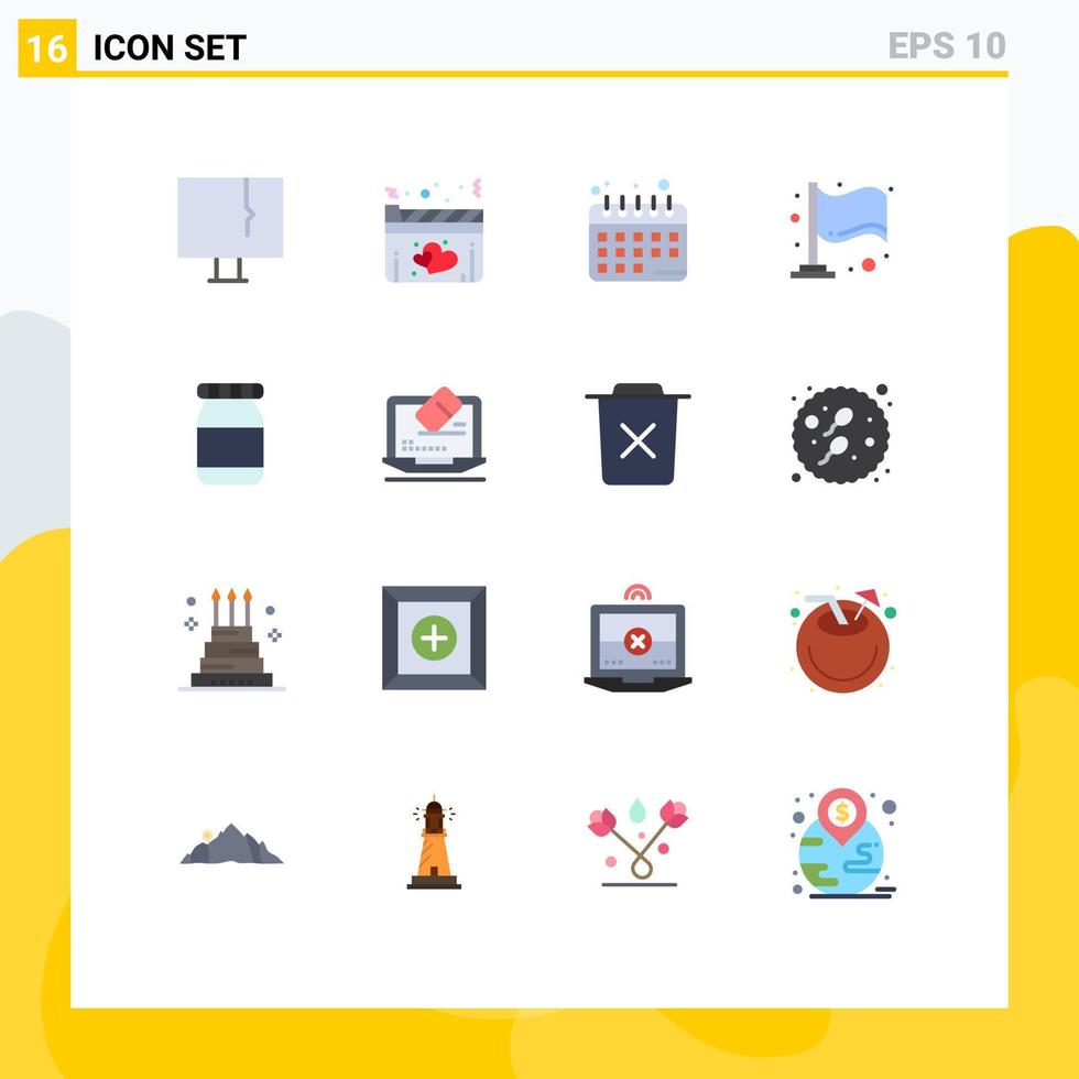 16 Thematic Vector Flat Colors and Editable Symbols of laptop bottle movie milestone finish Editable Pack of Creative Vector Design Elements
