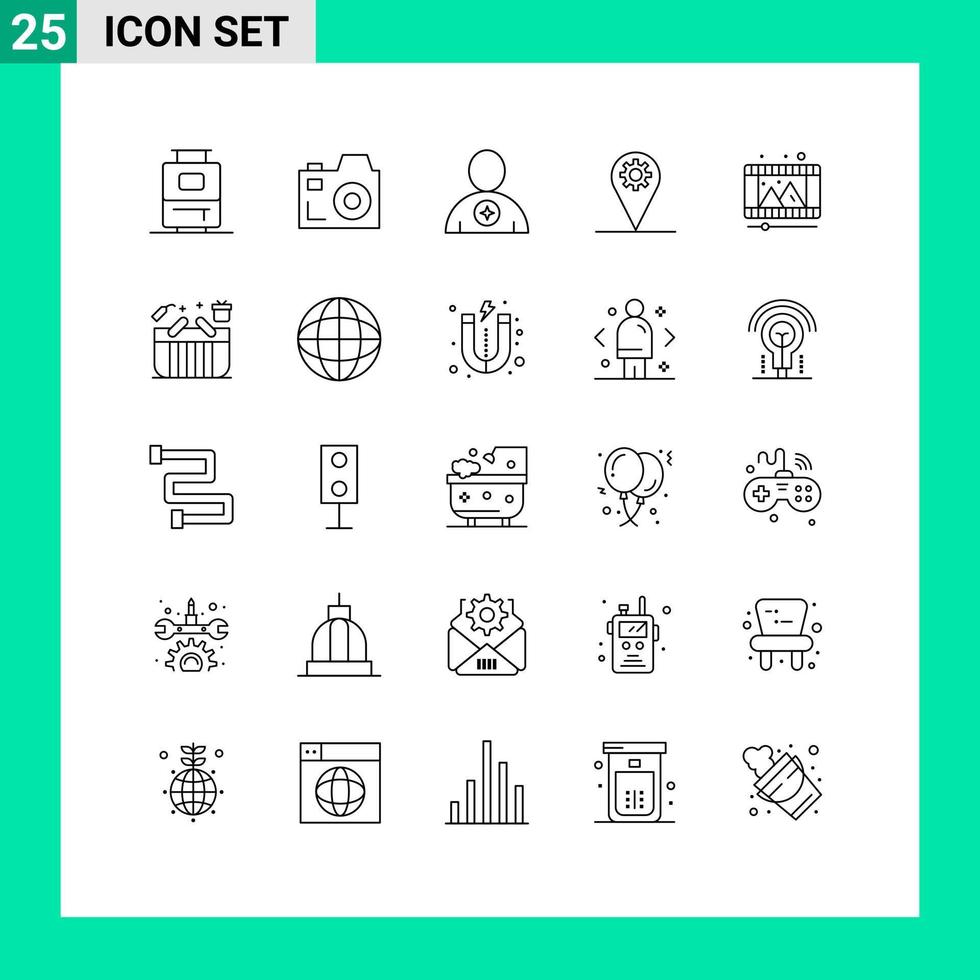 conjunto de 25 iconos de interfaz de usuario modernos signos de símbolos para reproducción de video ubicación de equipo reservado elementos de diseño vectorial editables vector