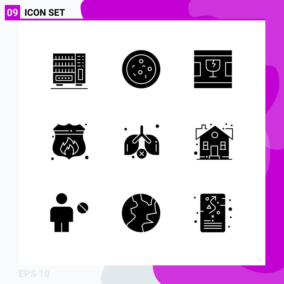 9 Universal Solid Glyph Signs Symbols of building pollution glass lungs shield Editable Vector Design Elements