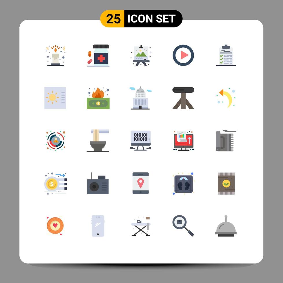 Mobile Interface Flat Color Set of 25 Pictograms of task checklist board media video Editable Vector Design Elements