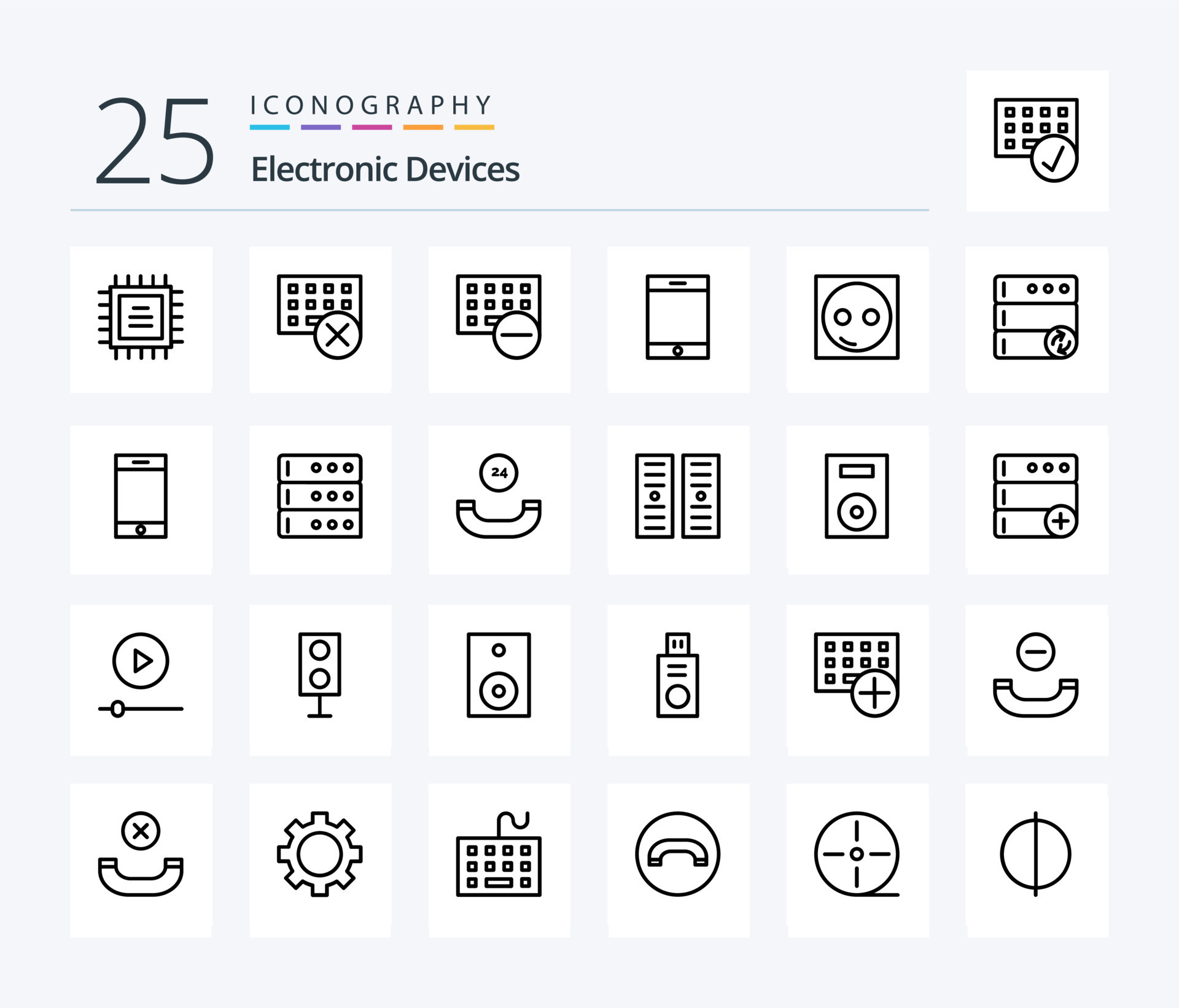 Devices 25 Line icon pack including server. hardware. device. equipment