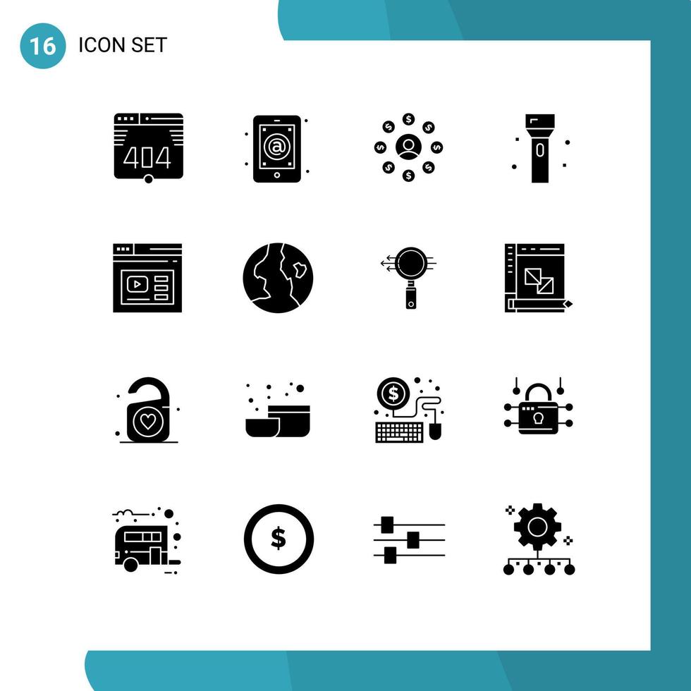User Interface Pack of 16 Basic Solid Glyphs of internet products user flashlight devices Editable Vector Design Elements