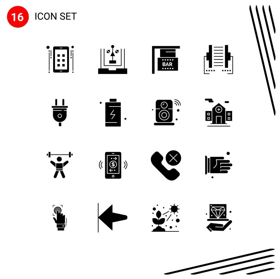 conjunto de 16 glifos sólidos vectoriales en cuadrícula para elementos de diseño vectorial editables por computadora de datos de planificación digital eléctrica vector