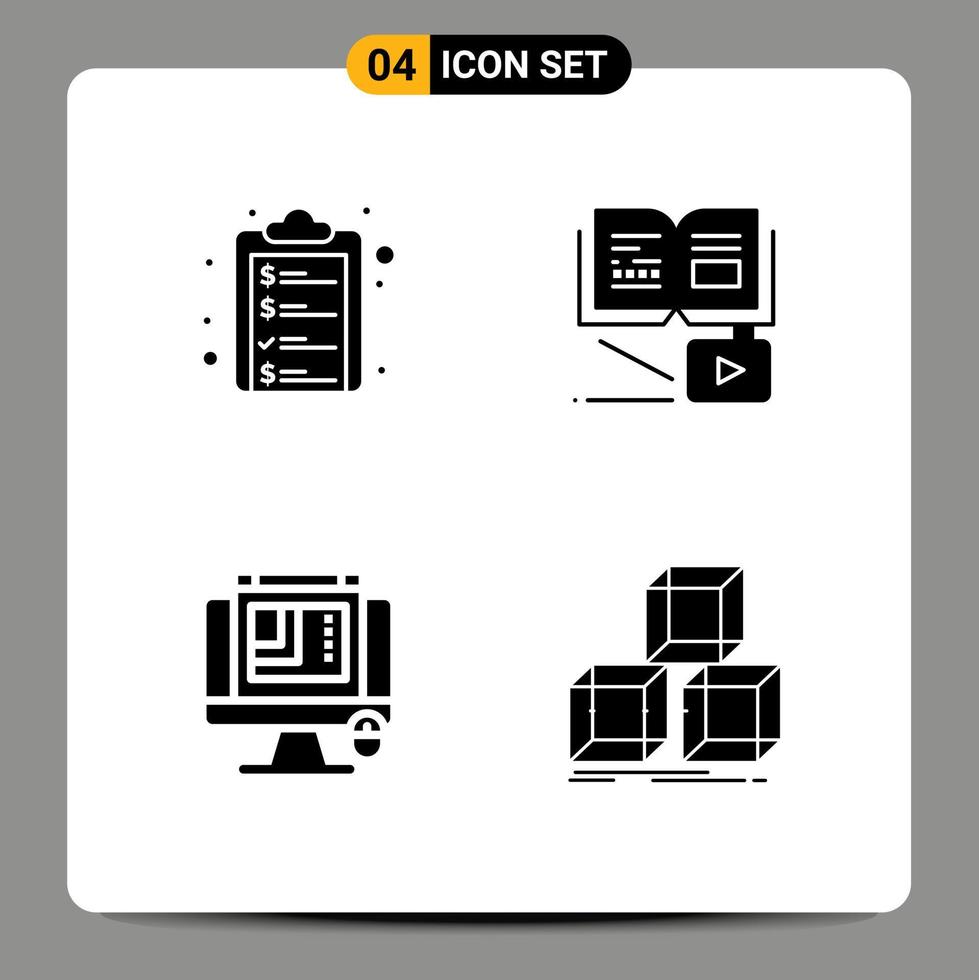 Group of 4 Modern Solid Glyphs Set for check list web designing money growth knowledge web layout Editable Vector Design Elements