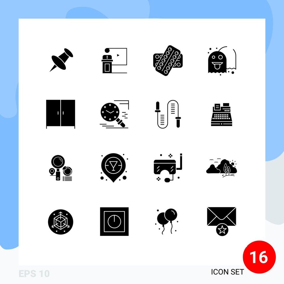 Group of 16 Modern Solid Glyphs Set for play ghost speaker patient drugs Editable Vector Design Elements