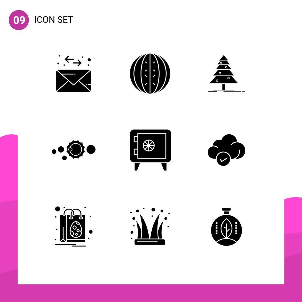 Group of 9 Modern Solid Glyphs Set for money solar system tree universe solar Editable Vector Design Elements