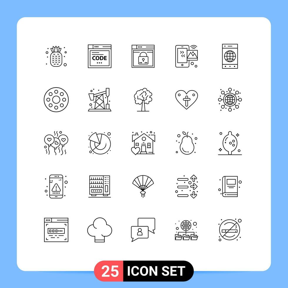 User Interface Pack of 25 Basic Lines of wifi internet of things secure internet lock Editable Vector Design Elements
