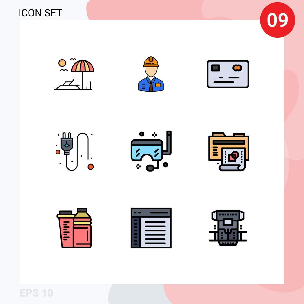 9 User Interface Filledline Flat Color Pack of modern Signs and Symbols of ocean goggles labor socket electric Editable Vector Design Elements