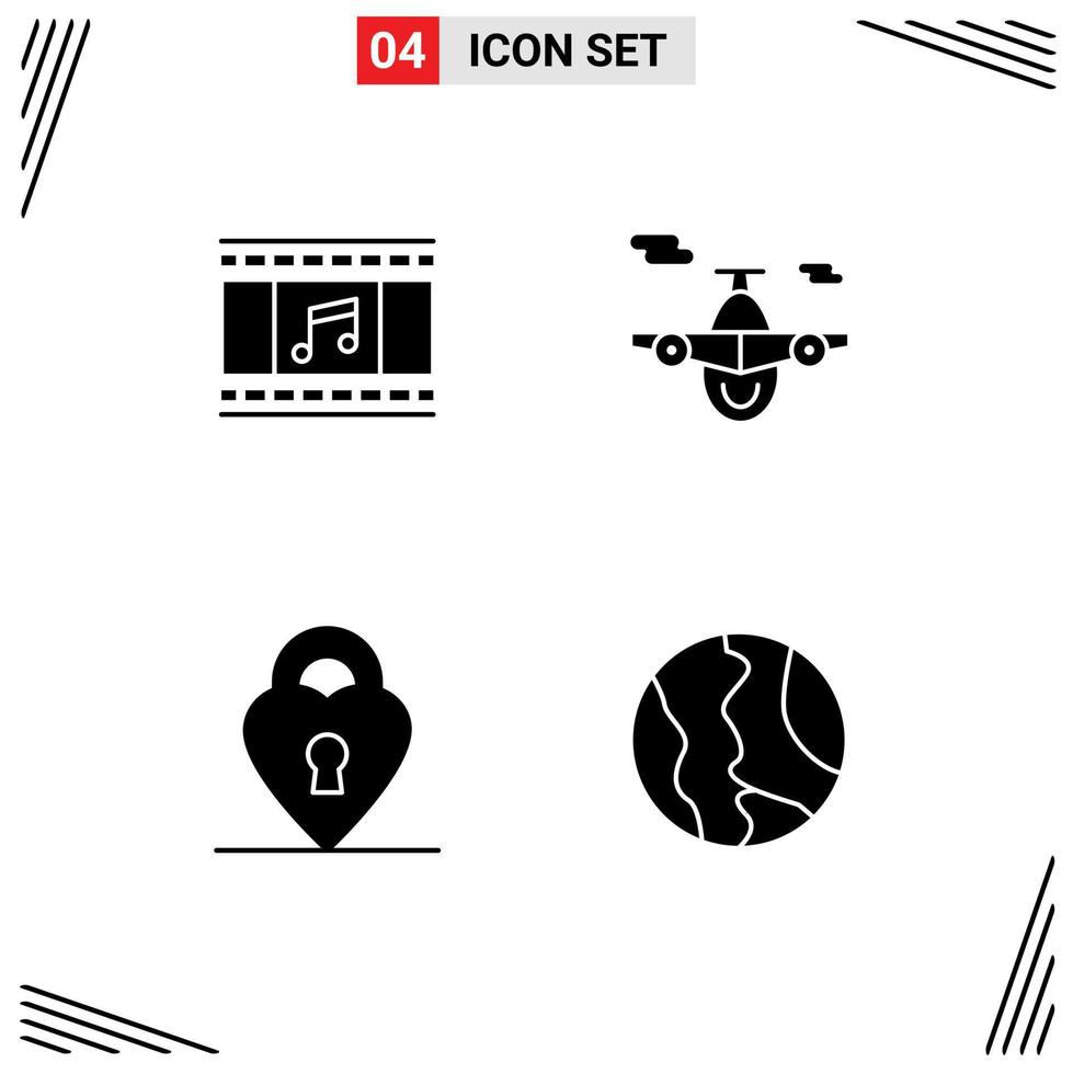 Group of 4 Solid Glyphs Signs and Symbols for animation love filmstrip transport global Editable Vector Design Elements