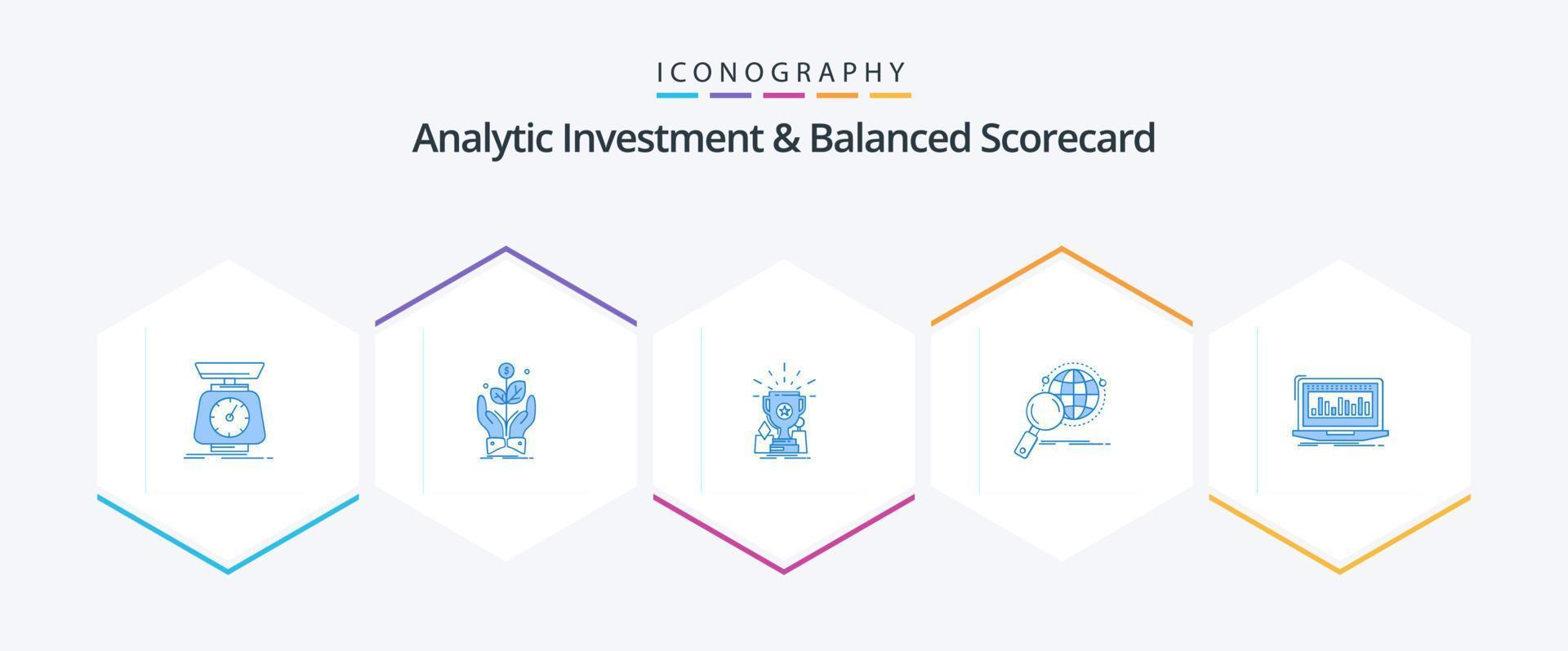 inversión analítica y cuadro de mando integral 25 paquete de iconos azules que incluye lupa. global. planta. trofeo. taza vector
