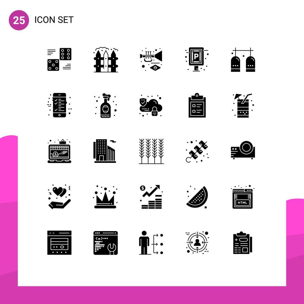 User Interface Pack of 25 Basic Solid Glyphs of activities sign garden parking trumpet Editable Vector Design Elements