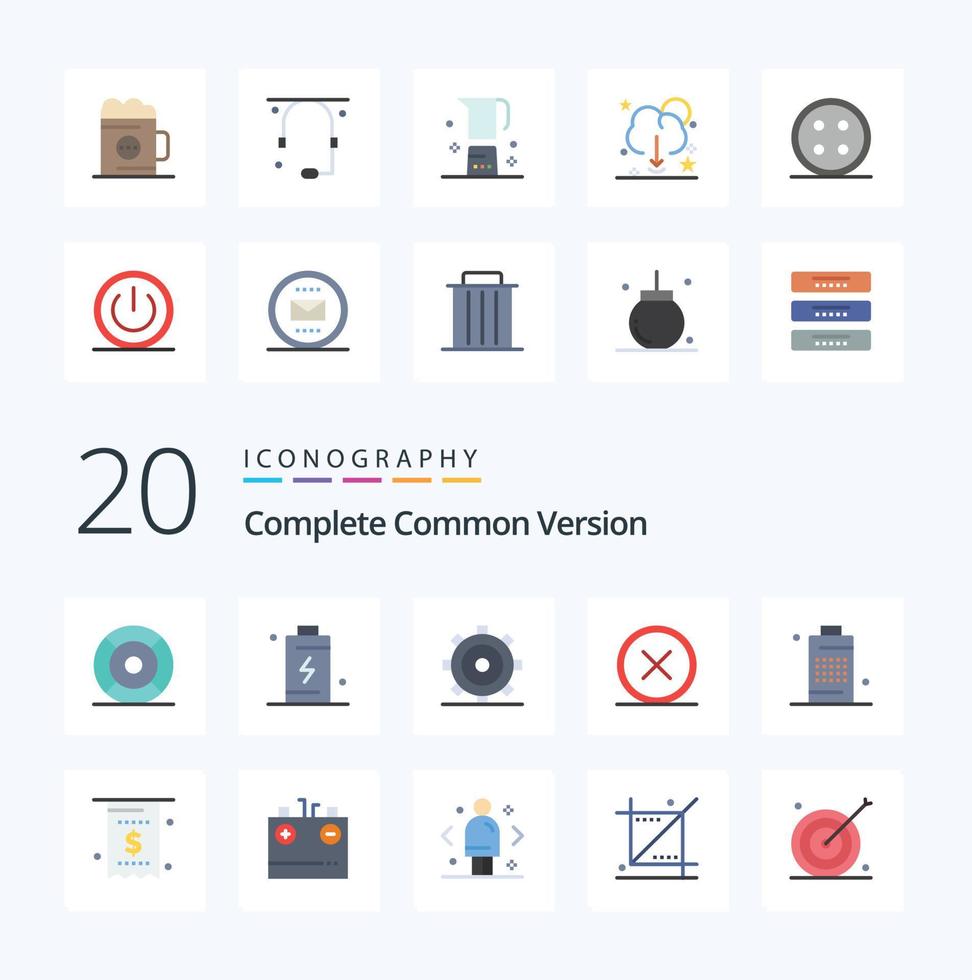 20 Complete Common Version Flat Color icon Pack like delete close charging circle setting vector